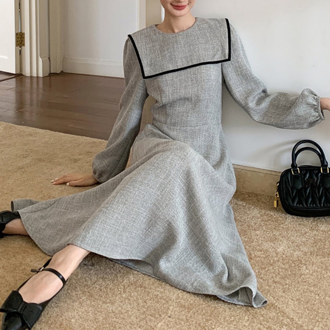 ピーターパンカラー パフスリーブ ロング丈ワンピース 00524