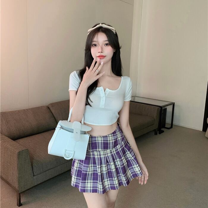 スタイルカラーボタンハイウェストウェストスリムトップス プリーツ格子柄スカート カジュアルサマー 夏物 スクウェア ドラファッションホール99415705386