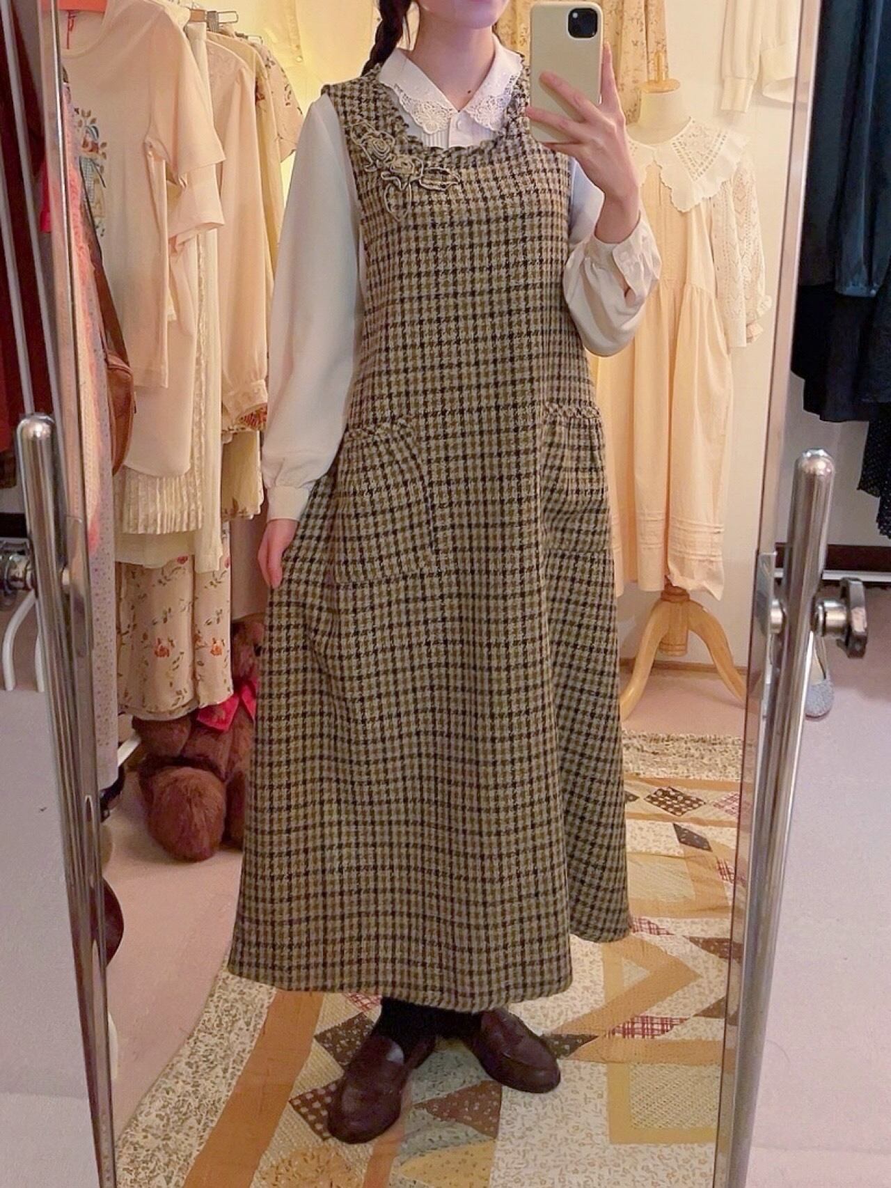 brown check flower applique jumper skirt