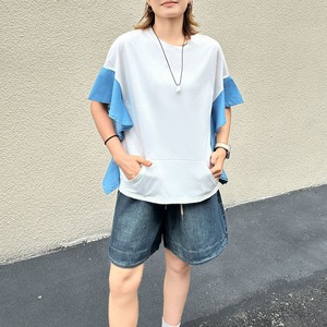 CONTRAST DENIM PANEL ROUND NECK SLEEVE T-SH M-17580