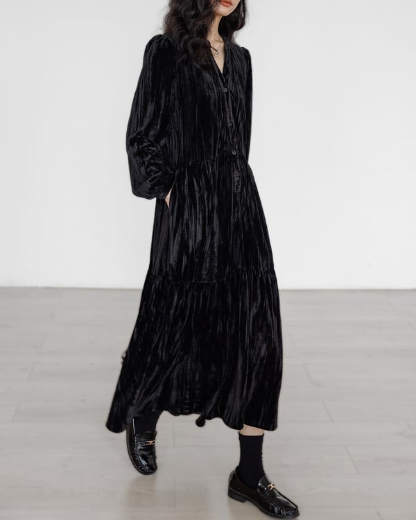 V-neck velvet tiered dress ◇2color TH3638