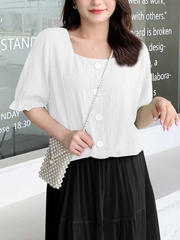 シワ加工スクエアネック5分袖ブラウス オフィスカジュアル シンプル