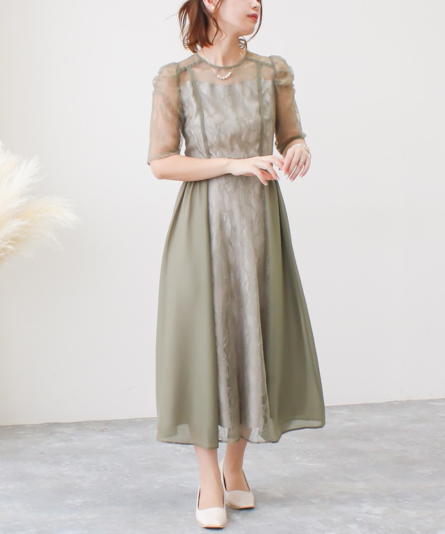 シフォン切り替えネックリボンレースドレス
