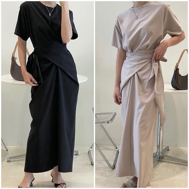 【予約販売】ワンピース レディース ロングワンピース 巻きスカート ラップスカート ブラック/ベージュ 体型カバー ワンピ 大人可愛い シンプル エレガント おしゃれ こなれ感 韓国 春 夏 トレンド フリー