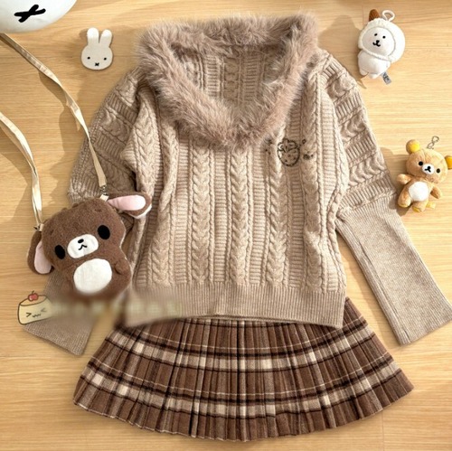 ゆめかわ♡Vネックニット＆プリーツスカート　set28