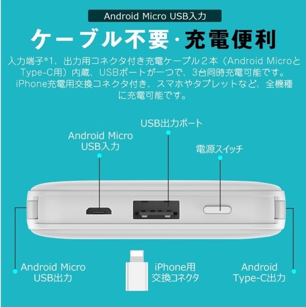 ケーブル内蔵 12000mAh モバイルバッテリー c1009 残量表示 2.1A急速充電 大容量 iPhone android タイプC USB lightning