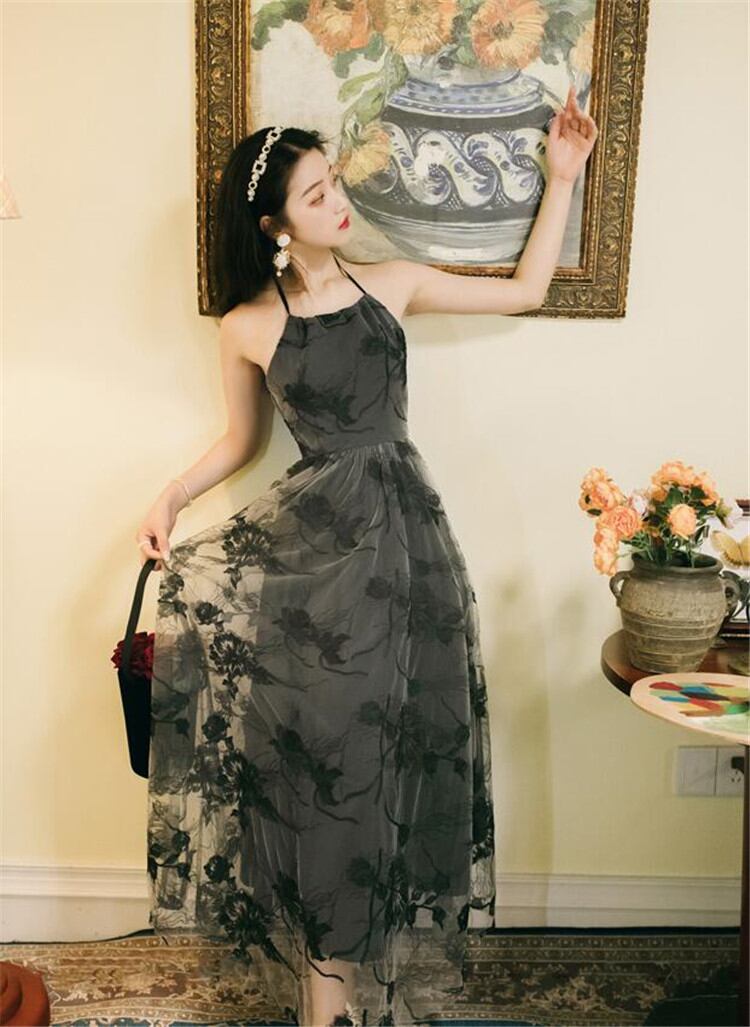 魅力100%★ 袖なしヴィンテージ ドレス 新着 刺繍 背透けて エレガントスクエアネック スリムフィット