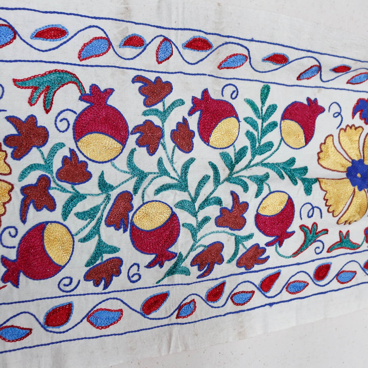 1点もの】スザニ刺繍 タペストリー イエロー ブルー レッド 系 ザクロ