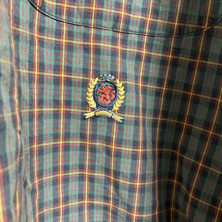 90s 古着 トミーヒルフィガー BDシャツ チェック 刺繍ロゴ 旧ロゴ XL