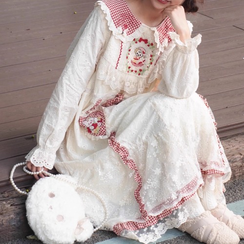 ランダムチェック柄レースワンピ ・9021