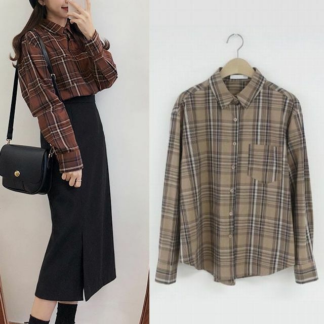 レディース チェック柄シャツチュニック / Chic port wine retro plaid loose wild shirt design (DCT-583226190437)