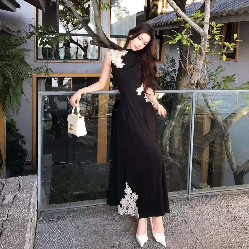 dress】レースドッキングノースリーブニットワンピース HK0383