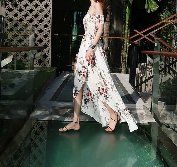 送料無料 オフショルダーワンピース オフショル チューブトップ マキシ 花柄 白 ホワイト ハイウエスト ビーチドレス サマードレス 可愛い ガーリー ボヘミアン お洒落 ビーチ リゾート デート 女子会 夏 Op 008hm ワンピースコーデのお店 Flower Silhouette
