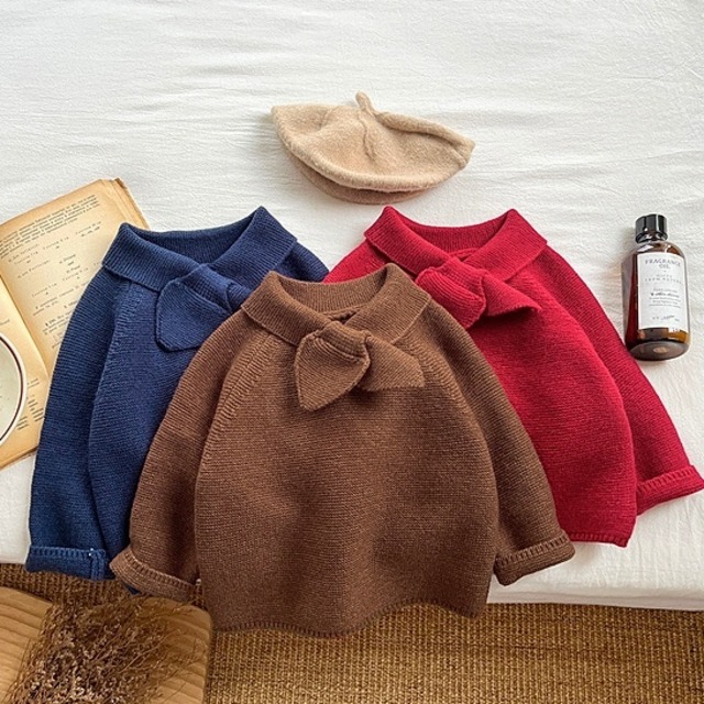 ,ベビー幼児女の子暖かいセーター　リボン襟　ブラウン　レッド　ネイビー　かわいい秋冬服　lwa0147