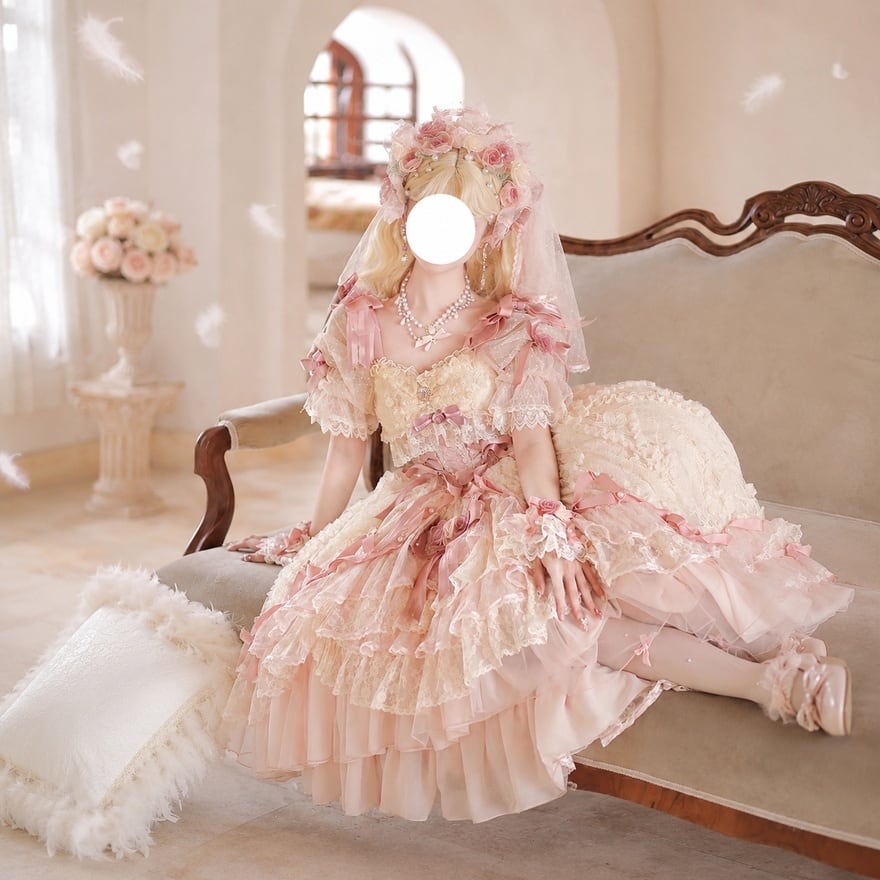 甘ロリ ドレスセット フィッシュテールフリル 薔薇リボン レース