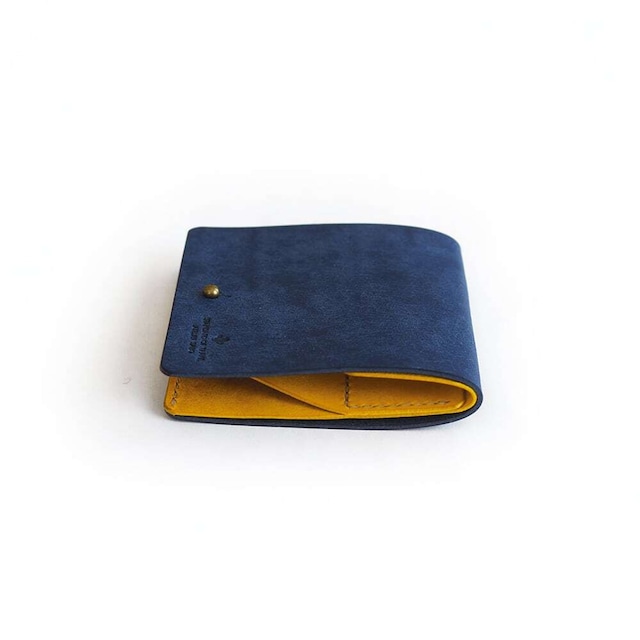 薄い 二つ折り財布【ブルー×イエロー】（受注生産品）ブランド メンズ レディース 鍵 コンパクト レザー 革 ハンドメイド 手縫い