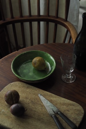 緑釉のファイアンスボウル-antique green graze pottery bowl