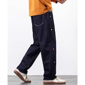 カラーステッチ ワイドストレートデニムパンツ af0364