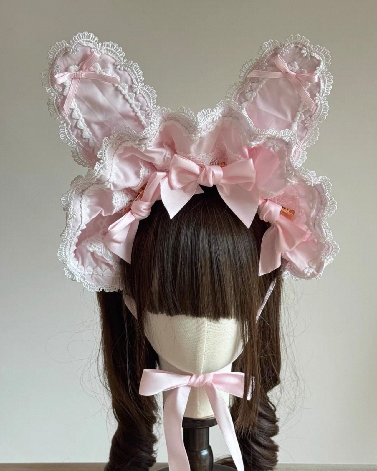 ♡【全9色】MAID うさみみフリルレースリボンハーフボンネット light blue ♡