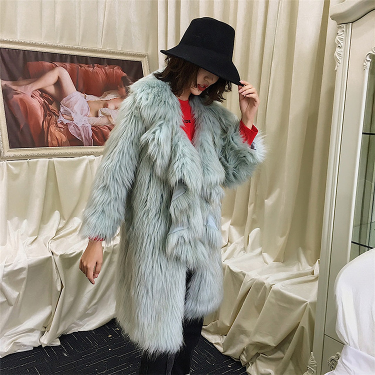 ピンク・グレーグリーン】ファー ロングコート キツネ 襟 フリル 