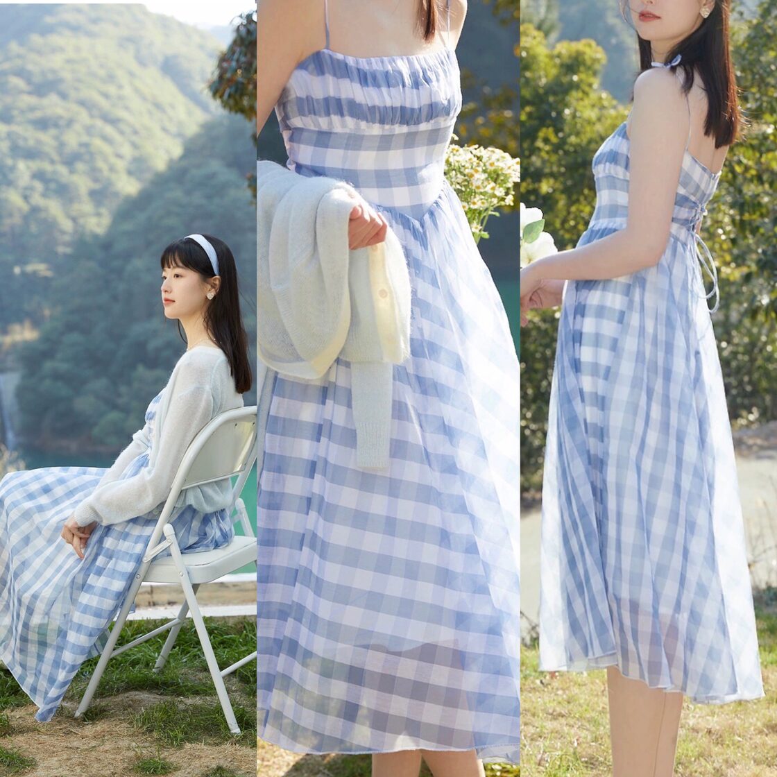 ワンピース キャミソール 水色 チェック ワンピース 花柄 フラワー 