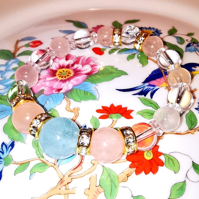 天使のアチューンメントブレス！【 キューピッドのささやき 】アクアマリン&ローズクォーツ&薔薇の水晶のブレスレット