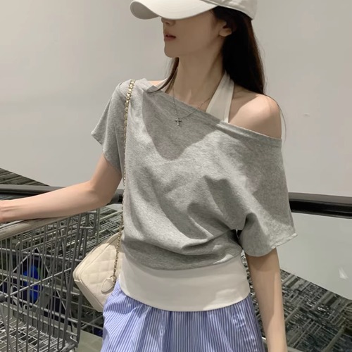 2色／ホルターネックレイヤード風ワンショルトップス ・76291