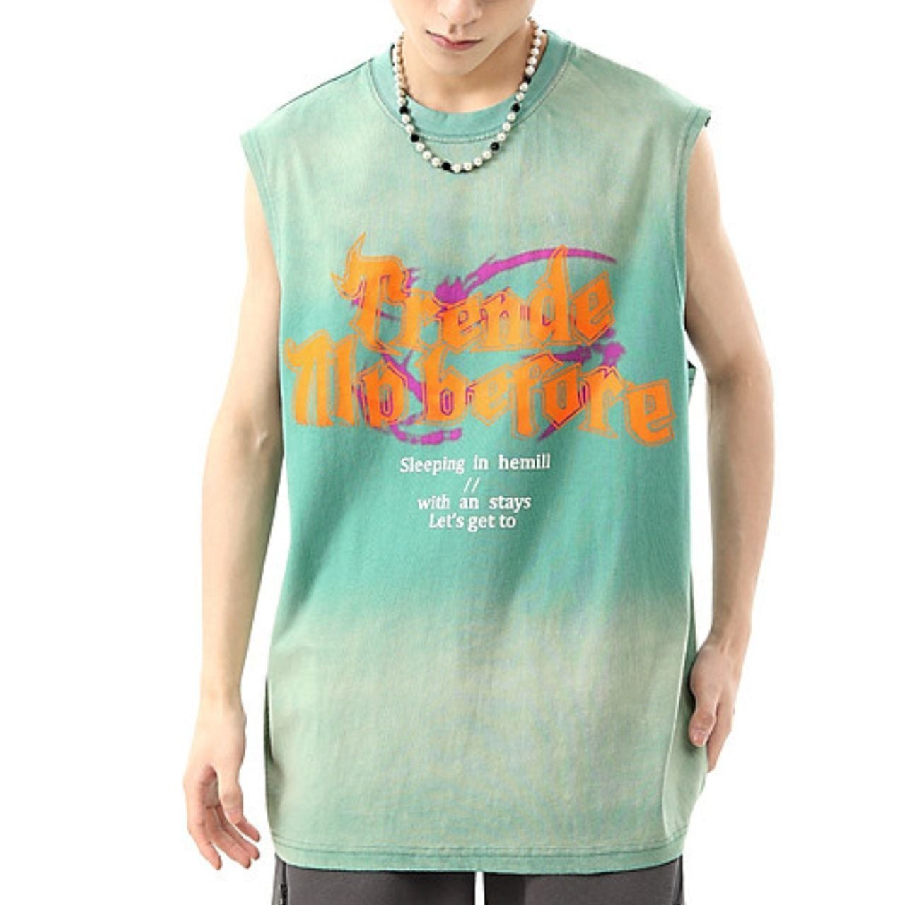 グラフィティロゴスプレーデザインスリーブレスTシャツ 2col   A00015
