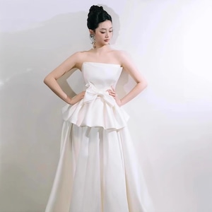 ロングドレス キャバドレス パーティードレス ベアトップ ミニマル サテン 上品 リボンディテール エンゲージ バースデー パーティー JC2-JSXA669