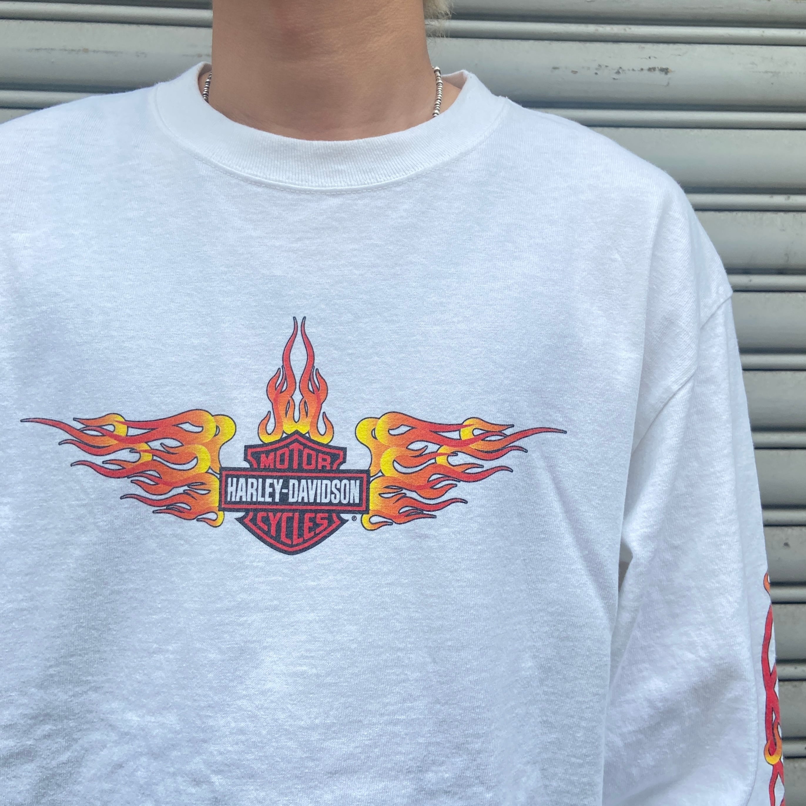 00s ハーレーダビッドソン プリントロンT フレイムパターン 白 XL相当
