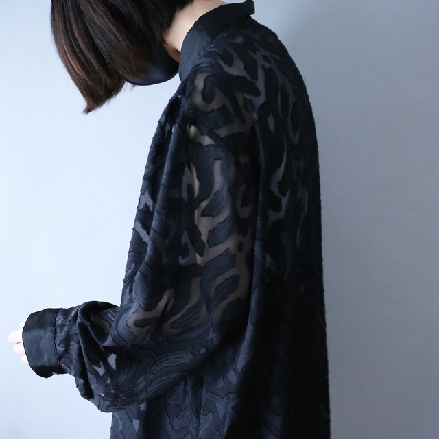 gloss fabric switching design loose black see-through shirt