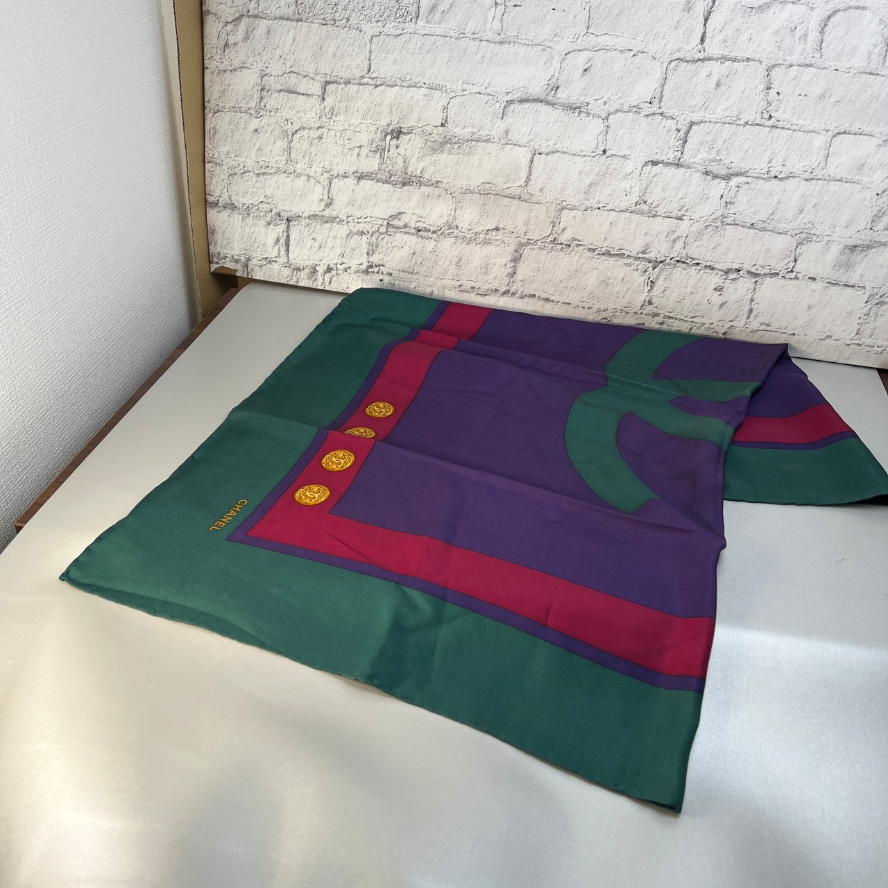 CHANEL シャネル ココマーク タグ付き 大判 スカーフ グリーン A-9842