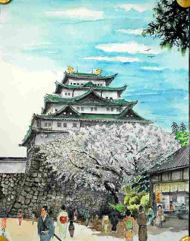 桜咲く名古屋城　浮世絵風な水彩画