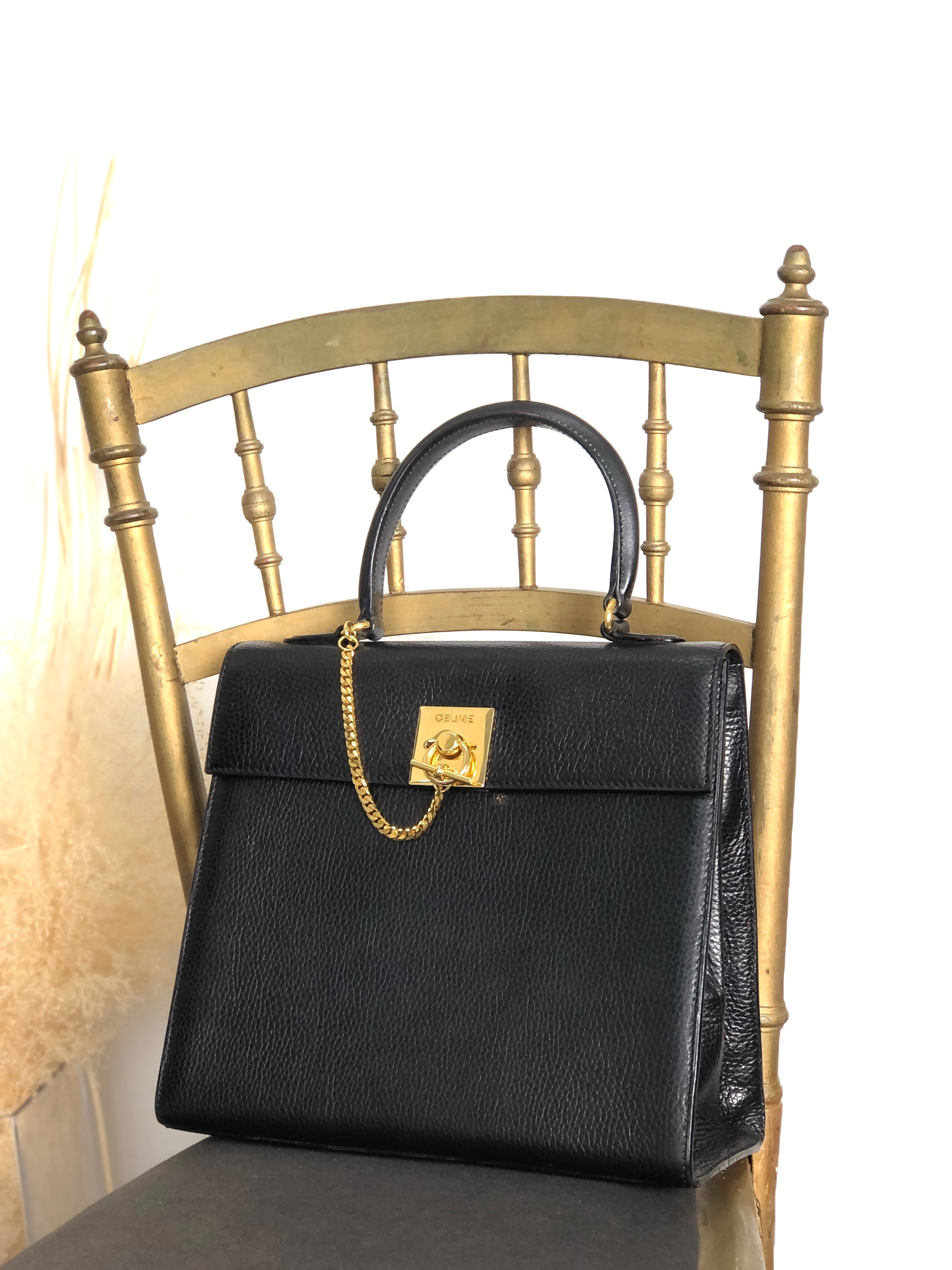 CELINE セリーヌ ハンドバッグ ブラック ガンチーニ レザー シュリンクレザー vintage ヴィンテージ オールド b8e6px