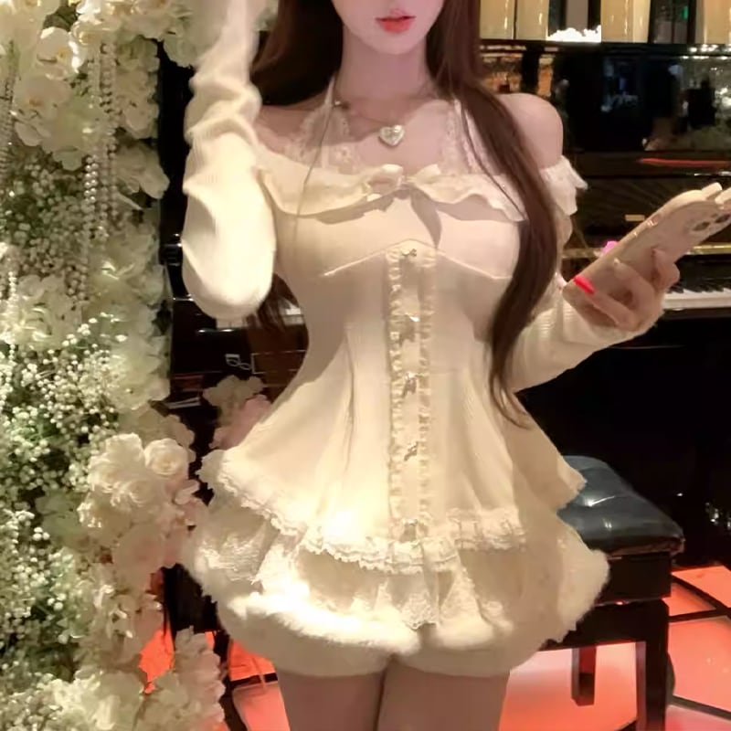 【set】ホルターネックレース付きトップス×スカート付きショートパンツセット Q7802