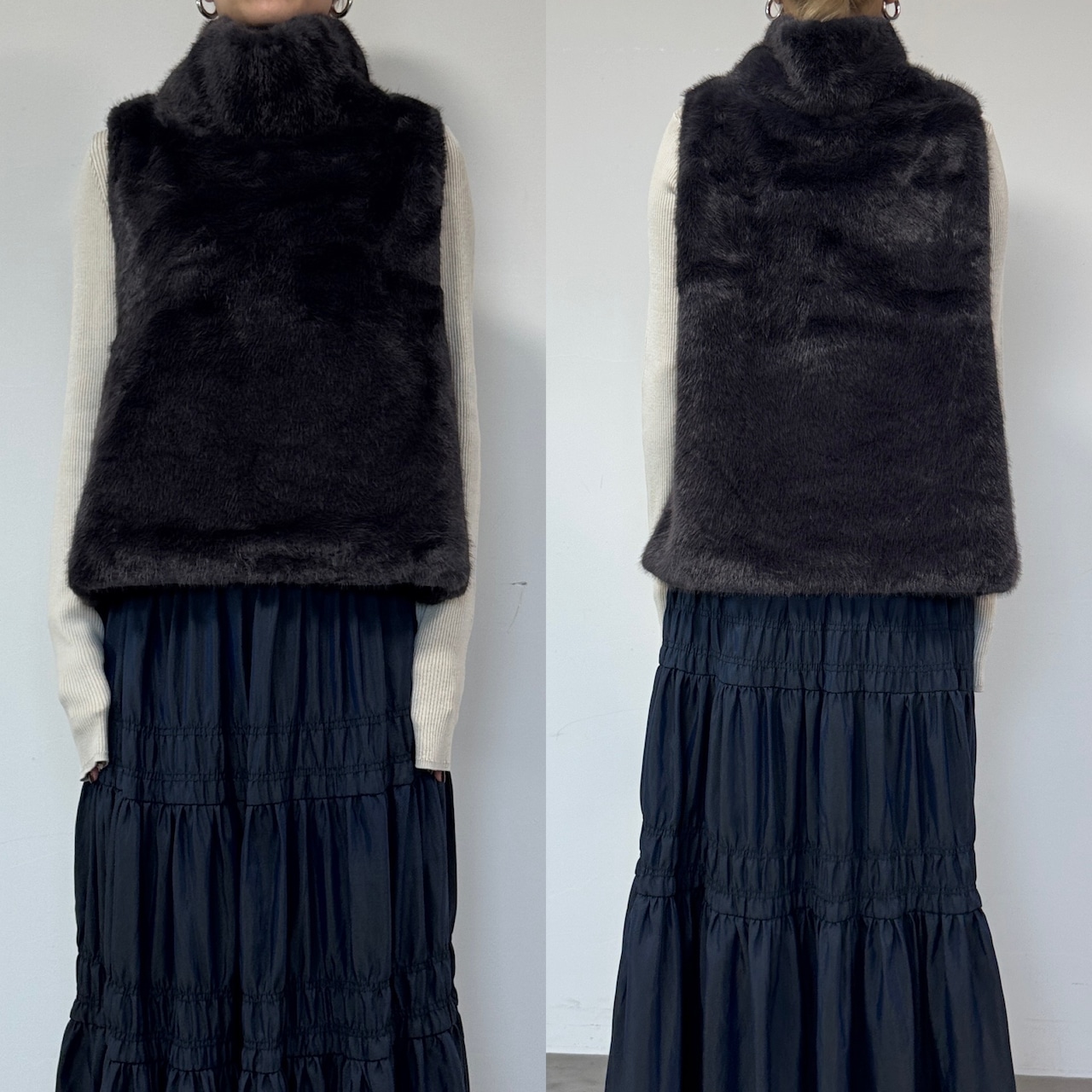サイドボタンハイネックファーvest/ブルーグレー
