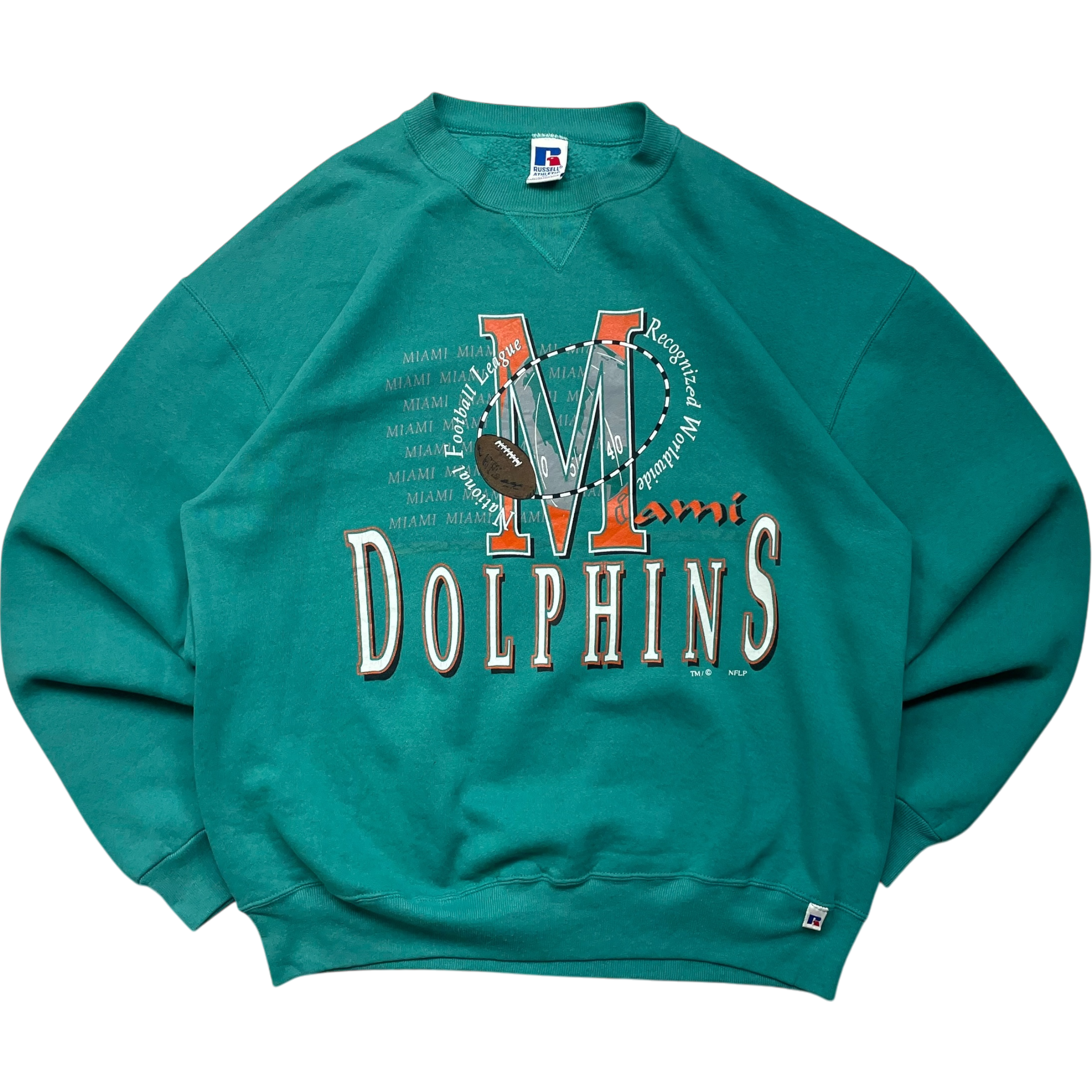 《XL》russell athletic ラッセルアスレチック NFL MIAMI DOLPHINS プリント スウェット グリーン USA製 90年代 vintage no.4864