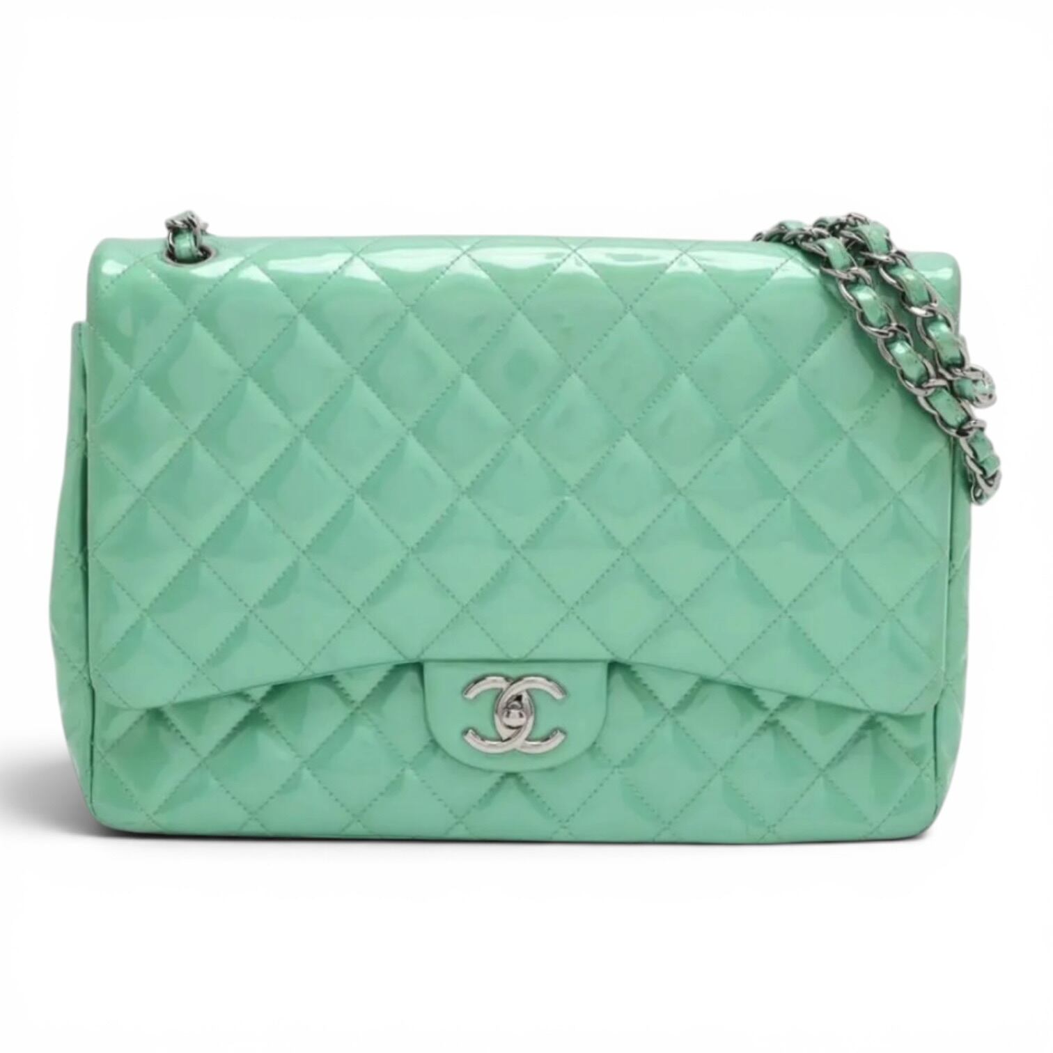 Rare◇CHANEL Large Matelasse Patent Leather Green Silver Hardware Double Chain Bag A58601 852