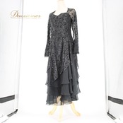 社交ダンス 衣装 スタンダード ドレス ワンピース レッスンウェア パーティドレス TIMES COLLECTION 黒 レース ブラック系 花柄 長袖 マーメイド スカート フェミニン デザイン エレガント おしゃれ 薄手 ドレープ 伸縮性 高級感 夜用 発表会 結婚式 お呼ばれ パーティー カジュアル 体型カバー 女性用 上品