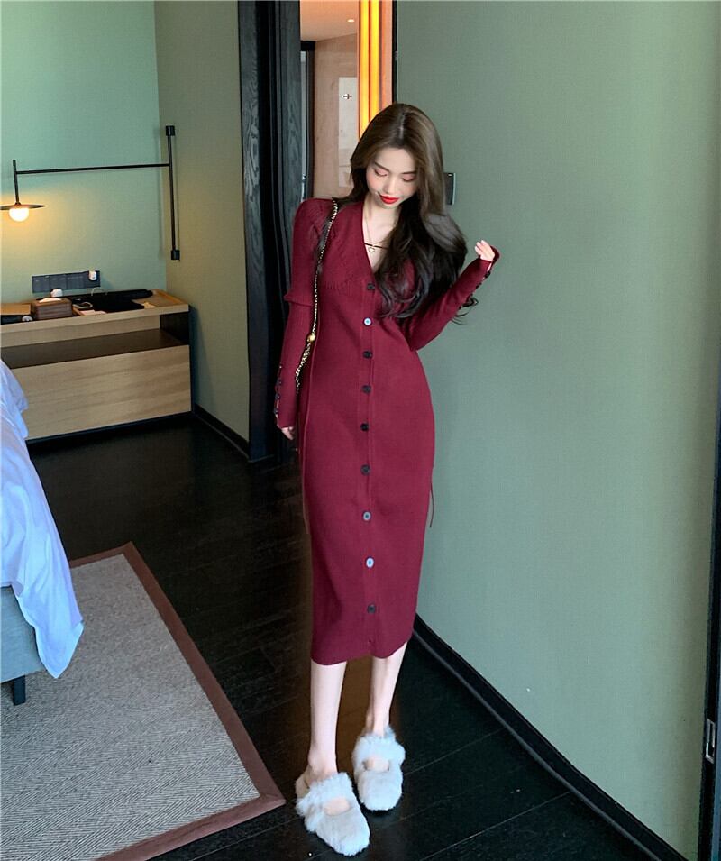 ドレス Vネックスリムウェストニットスカート オータム 秋物 ウィンター 冬物 ブラックストロベリース24920464753