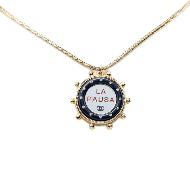 シャネル ココマーク LA PAUSA ミラー ペンダント ネックレス ゴールド ネイビー メッキ ラインストーン レディース CHANEL 中古