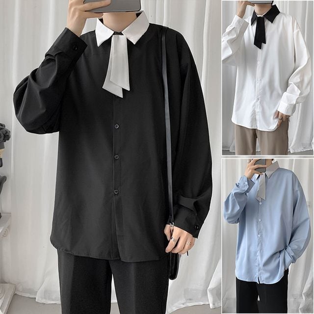 【予約販売】シャツ 長袖 無地 ベーシック ネクタイ付 メンズ ホワイト ブラック ブルー シック 結婚式 パーティー こなれ感 お洒落 韓国 トレンド 春 秋 M/L/XL/2XL