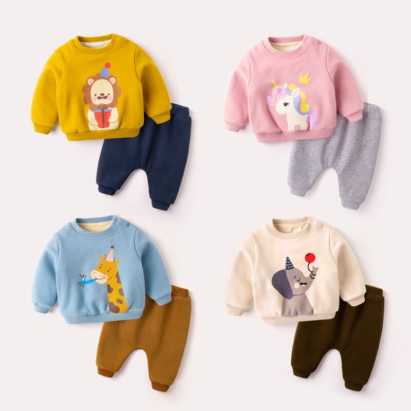 赤ちゃんプラスベルベットのスーツの冬の厚いセーターのズボンのツーピースのスーツ赤い男性のエインスタイルの暖かい服の女性のおしゃれな冬の服 Duduベイビー7581843