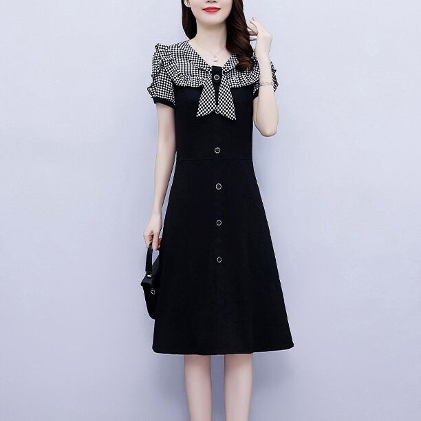ワンピース レディース ミディアムワンピース L XL 2XL 3XL 4XL 5XL 大きいサイズ ブラック モノトーン チェック柄 ひざ丈 リボン フリル きれいめ 上品 半袖 ビッグカラー 襟 ポケット ハイウエスト スタイルアップ 脚長効果 プラスサイズ お出かけ お呼ばれ 通勤 オフィス ママ 韓国 送料無料 コーデ 10代 20代 30代 40代 大人可愛い おしゃれ 存在感 普段使い デート ガーリー フェミニン