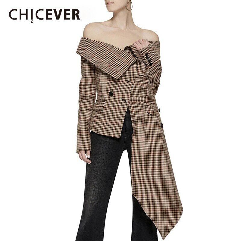 CHICEVERセクシーなオフショルダーチェック柄ブレザージャケットスラッシュネック長袖不規則な裾プラスサイズの女性のコート秋 ロング 大きめサイズ オータム 秋物 6base514085721789