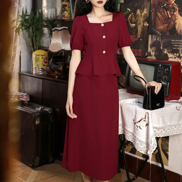 スクエアネックペプラムトップス＆スカート セットアップ 00475