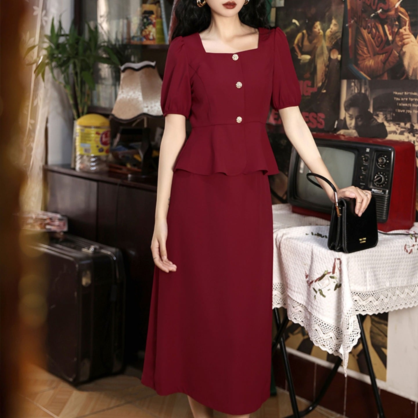 スクエアネックペプラムトップス&スカート セットアップ 00475