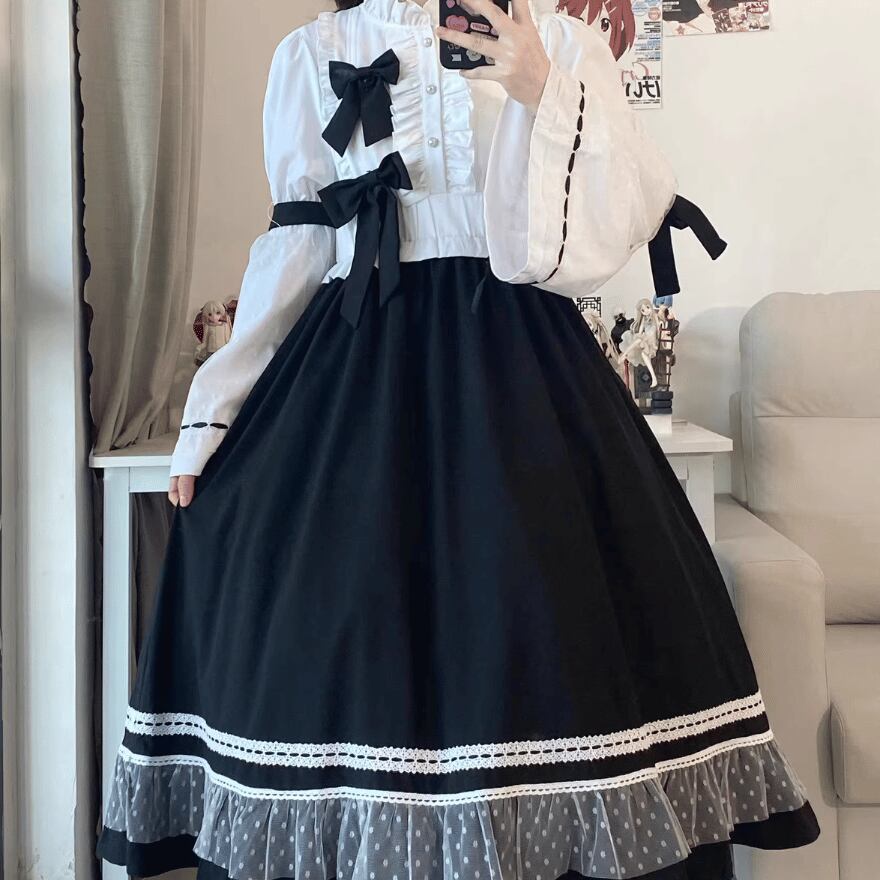 ハンドメイド　ロリィタ　ティアードワンピース Fragments of Flowers 長袖ティアードワンピース・サックス