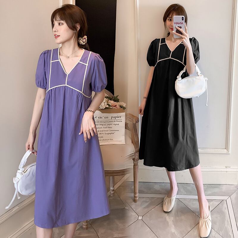 【新作】【送料無料】 マタニティウェア2020夏の新しい綿とリネンのステッチVネックルーズドレス コットン サマー 夏物 expec276401352319