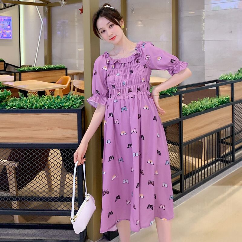 【新作】【送料無料】 マタニティウェア2020夏の新しいシフォンボウプリントスクエアネックドレス、トレンディな母親のミドル丈マタニティドレス-アリババ リボン サマー 夏物 スクウェア expec229286517418